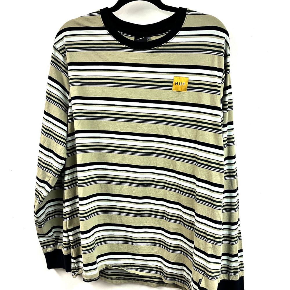 MEn's long sleeve HUF striped crew neck tee LX 100% cotton tan black gray